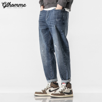 Autumn new jeans mens loose straight tube thick Joker Korean fashion casual hole long pants mens Tide brand
