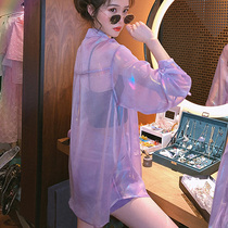 Sun Shirt Woman 100 hitch Ice Silk Long Sleeve Loose Purple Blouse 2021 Summer New Air Defense Cardiovert Wear Thin Coat