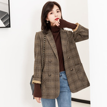 Wool Plaid Small Suit Jacket Woman Short 2022 Chunqiu Winter New Korean version Loose Net Red Child coat Girl