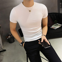 2021 short-sleeved t-shirt mens close-fitting bottoming shirt short trend pure white stretch Korean slim-fit tight fitness pure cotton