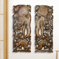  Thai wood carving wall decoration Southeast Asian style solid wood carving mother and child elephant carving board Home TV background wall decoration
