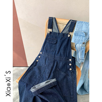 Xiao Xijia) Spring and Autumn style age-reducing backbelt pants female Korean version of loose straight tube high waist wide-legged denim conjoined trousers