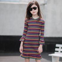 Girl dress foreign style middle child autumn dress 2021 New stripe rainbow dress children knitted sweater princess dress