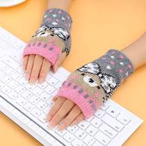 Autumn and winter Korean warm plus velvet thickened student couple half-finger cartoon cute male lady half-finger gloves