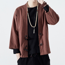 Chinese style mens spring and summer house linen retro jacket Chinese Tang suit kimono Zen dress improvement Hanfu ancient costume