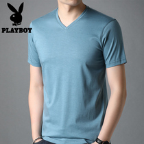 Playboy mulberry silk short sleeve T-shirt V-collar middle-aged loose autumn and summer Korean version of solid color thin silk half-sleeved men