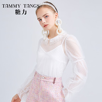 (Mall same section) Sugar spring summer season long sleeves sweet and beautiful wave Dot net yarn dolls collar two cover blouse blouse women