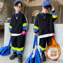 Boy autumn suit 2021 new autumn and winter children Korean version of foreign-style children two-piece plus velvet thickened tide