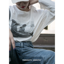 Dorothy -- black and white printed pattern round collar white long sleeve T-shirt woman 2021 new loose 100 lap casual autumn