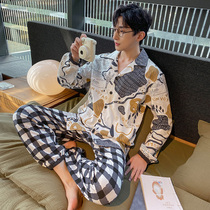 Cotton long sleeve pajamas mens spring and autumn large size cotton cartoon home clothes mens two-piece suit can be worn outside in autumn and winter