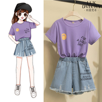 Korean Girls Set Summer 2021 New Mid-big Tong Short Sleeve Cotton T-shirt Jeans Fashion Casual Two-Piece