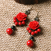 Original ethnic style earrings lacquer carved roses retro decorations festive bride accessories earrings girl
