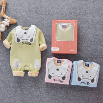 Baby autumn and winter clothes thick jumpsuit men and women baby clothes plus velvet ha clothes out gift box cute climbing clothes