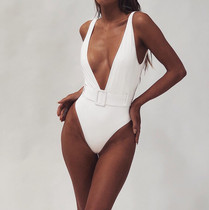 2021 Foreign Trade Connect Swimsuit Europe-US BAO WEN belt insertion one bikini deep v conjoin body suit bikini