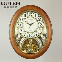 Golden Treasure European whole point time wall clock Living room solid wood retro light luxury Oval mute decoration American hanging watch