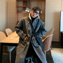 Hualun winter long single row horn buckle hair collar wool coat male loose Korean ins coat