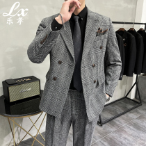 Mens casual suit British retro dyed woven plaid small blazer fashion loose double breasted suit suit suit