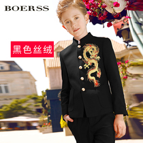 BOERSS childrens dresses in the big children velvet embroidery Dragon Boys suits set flower children small suits light luxury spring and summer