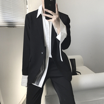 A tea and Agu black simple Korean version of retro literary temperament academic style dark suit suit suit