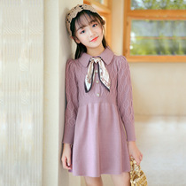 Korean girls linger up and bow down the clothes keep the underpacks princess skirt autumn and winter dress strip of children's long-sleeved knitting skirt