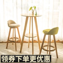 Solid wood bar table small round table chair Milk tea shop with high foot round table stool Living room Nordic wall table and chair combination