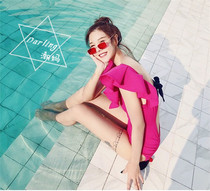 Net red with the same high-end small fragrance big ruffle rose red halter knotted skinny one-piece swimsuit