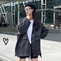 Denim jacket womens 2021 new autumn Korean loose solid color thin all-match large pocket long-sleeved student top