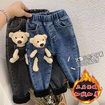 Girl Plus Suede Thickened Jeans Woman Baby 2021 Autumn Winter Clothing New Pint Han Version Trendy Plus Suede Pants Casual Long Pants