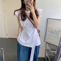 Small pure color tidy T-shirt vest female summer mid-long Korean edition tide loose waist design tops