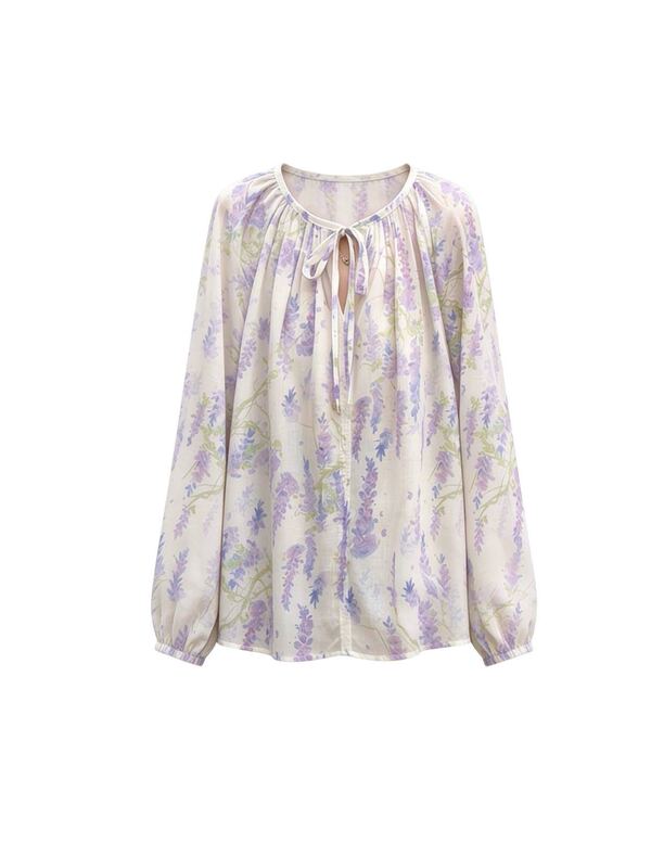 【Donut Exclusive】Ethereal and Graceful Tie-Neck Round-Neck Watercolor Print Top 4020