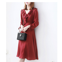 Japanese early spring new light luxury retro elegant lining skin white retro ruffle decoration red polo dress