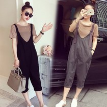 Large size womens summer suspenders wide-leg pants casual fashion suit slightly fat and thin two-piece moderate three-dimensional womens clothing