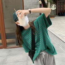 Green stripe short sleeve t-shirt women Summer thin model 2021 New Ice Silk cotton top ancient feeling girl harbor flavor