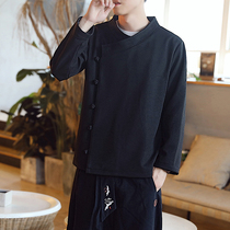 Spring and Autumn new solid color jacket Chinese style buckle top mens vintage Hanfu linen loose casual jacket men