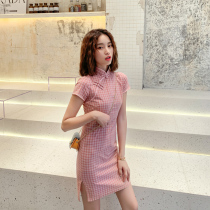 Plaid modified cheongsam young retro student dress 2021 short small Chinese style girl everyday
