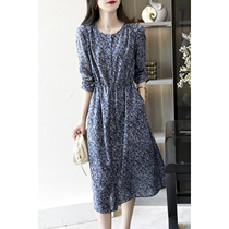 Printed simulation silk dress womens summer 2021 new temperament round neck three-point sleeve lace-up waist thin A skirt
