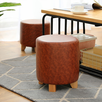Small stool home leather stool soft sitting solid wood Nordic shoe stool leather Pier sofa stool living room coffee table round stool low bench