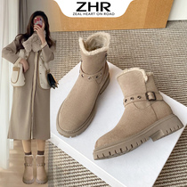 ZHR snow boots 2021 New velvet cotton shoes leather wool one boots thick heel short boots round head medium thick soles boots