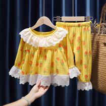 Girls cotton gauze home clothing set foreign spring and autumn children long sleeve pants pajamas two-piece air-conditioning clothing