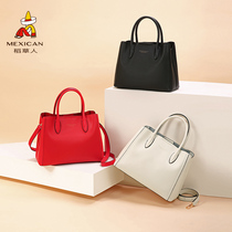 Rice Straw Man Girl Bag Genuine Leather New Handbag Large Capacity Soft Leather Upscale Moms Temperament Single Shoulder Diagonal Satchel Wave