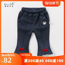davebella David Bella autumn and winter girls wear baby velvet bear bow denim flared pants