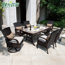 Charm Garden Villa outdoor Balcony Furniture Foundry Aluminum Marble One Long Table Six Chines Art Chairs Seven Pieces