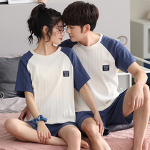 Couple pajamas mens summer thin cotton pullover round neck womens casual simple Korean home wear two sets
