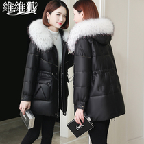 Weivix leather raccoon fur hooded down jacket womens coat medium long 2021 new fur