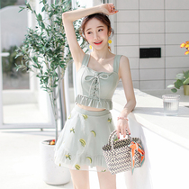 Swimsuit womens summer 2021 new three-piece set cute Japanese small chest cover belly thin student conservative girl hot spring