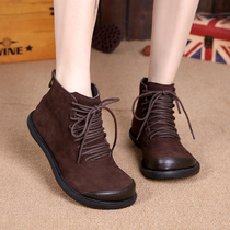 Art 2021 Winter new velvet warm womens boots frosted cowhide single boots low heel stitching casual strap short boots