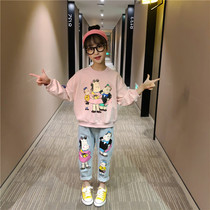 Korean girls autumn suit 2020 new childrens middle and large childrens fashion denim sweater net red two-piece set foreign style