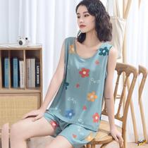 middle aged and elderly women's cotton silk pajamas summer thin sleeveless shorts women's vest pullover silk home clothing