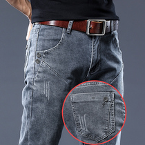 Jeans mens 2022 new autumn and winter plus velvet tide brand self-cultivation small feet all-match fashion elastic high-end trousers