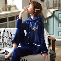 Pajamas womens autumn and winter sweet Korean flannel two-piece suit coral velvet elegant print long-sleeved pajamas home wear